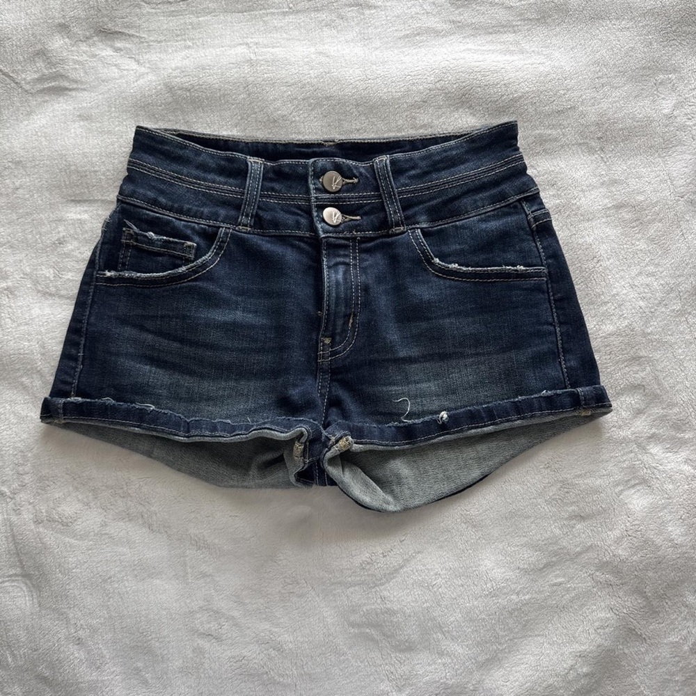 KanCan Dark Indigo High-Rise Rolled Hem Jean Shorts
